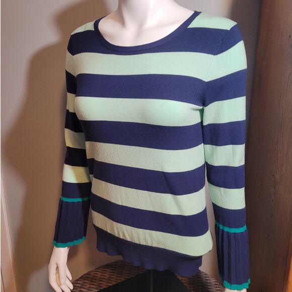 Talbots Blue Aqua Striped Pleated Sleeve Blouse - Small Indie Minimalist Preppy - Picture 1 of 9